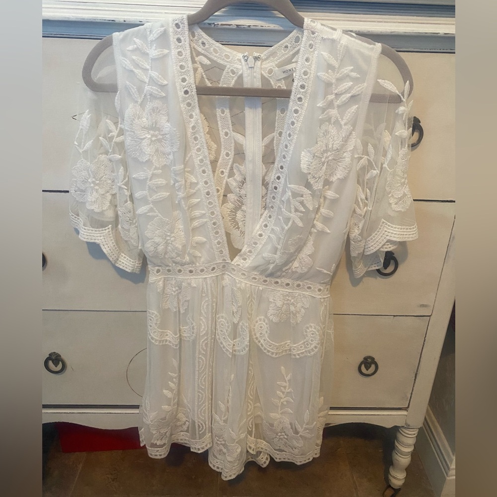 Honey Punch White Lace Romper